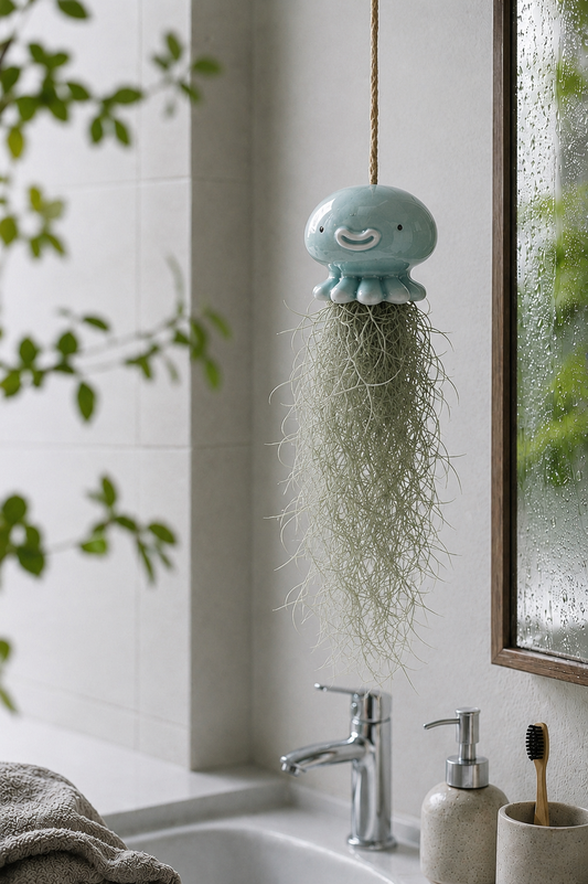 Keramik Luftpflanzenhalter „NONO“ – Qualle mit Tillandsia und fröhlichem Gesicht
